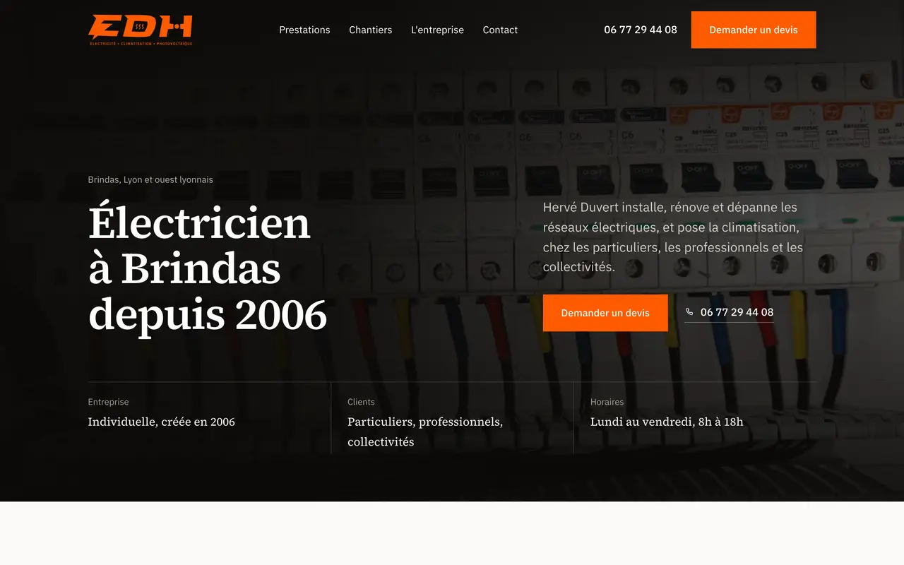 Le site d’EDH Électricité, électricien, Brindas, réalisé par Odratta