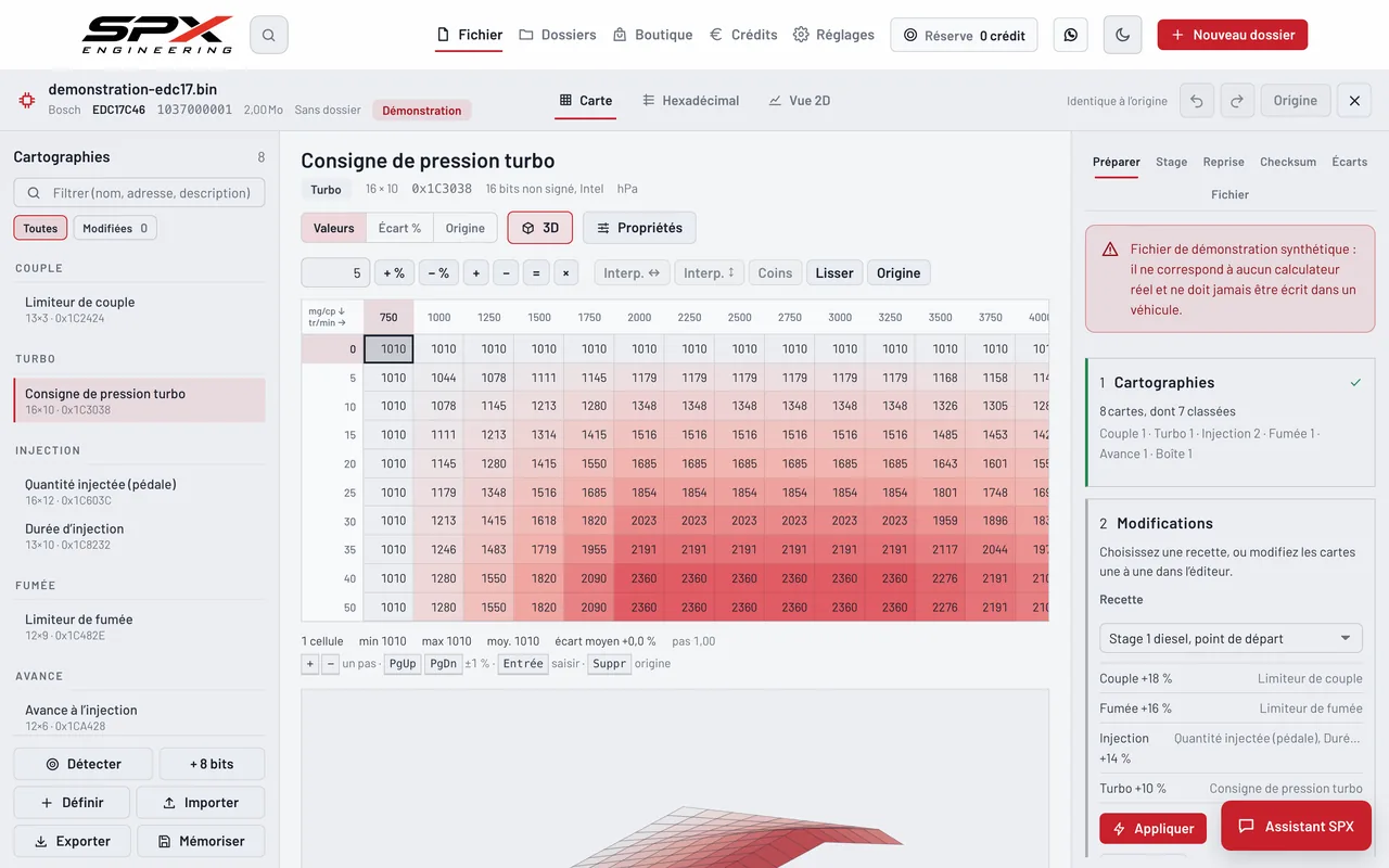 L’écran Fichier du logiciel SPX Engineering : la liste des cartographies, l’éditeur de carte avec sa surface 3D et le panneau Préparer.
