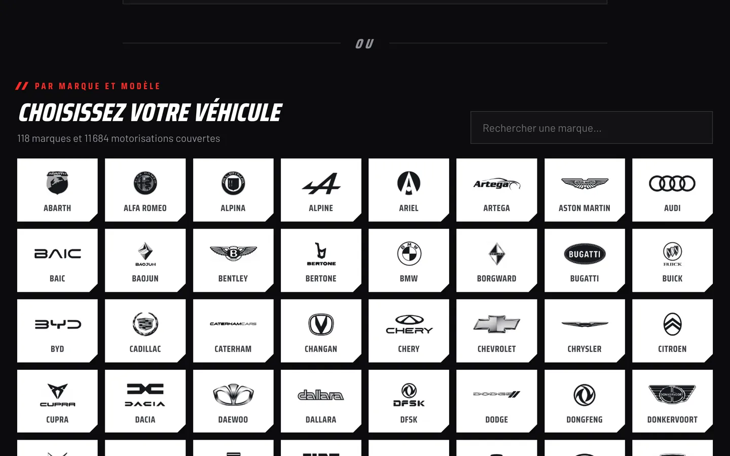 Simulateur Zio Perf : « Choisissez votre véhicule », la grille des marques du catalogue