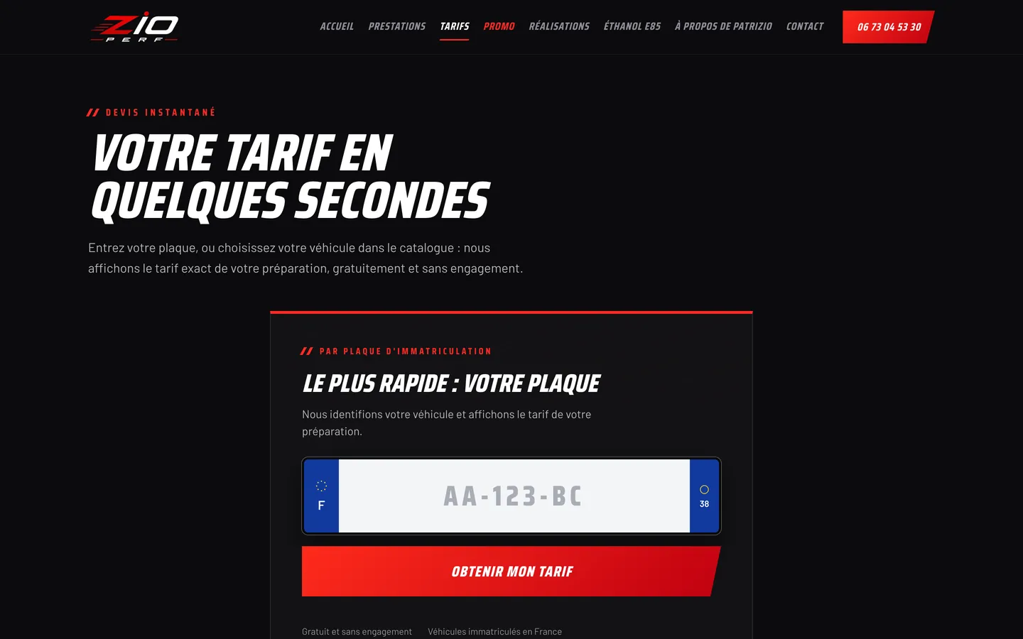 Simulateur Zio Perf : « Votre tarif en quelques secondes », recherche par plaque d’immatriculation
